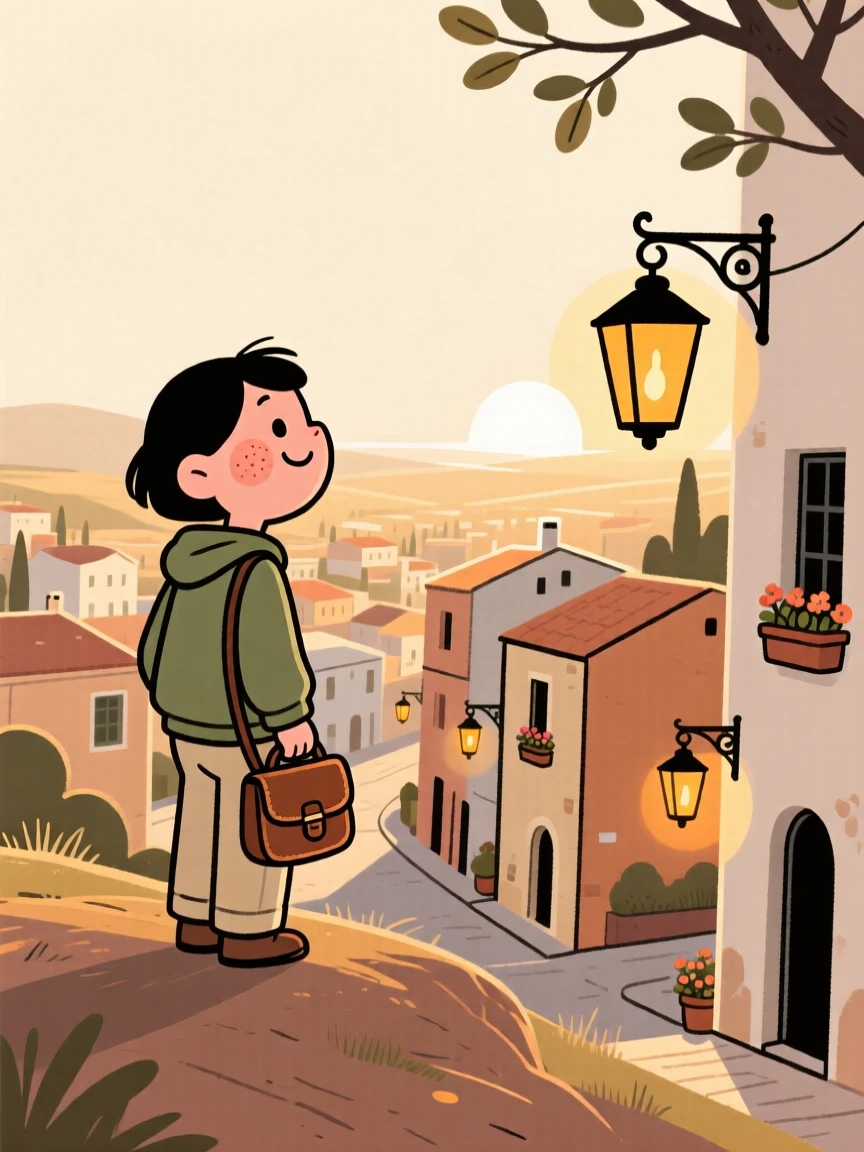 A traveler pauses on a hilltop overlook overlooking a sun-drenched Mediterranean village, watching lanterns being lit one by one as the early morning light settles over the scene.