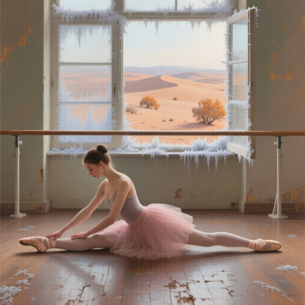 A tightly framed close-up of a young dancer stretching before a rehearsal in an empty studio, during the first frost of autumn, in the Sahara desert.