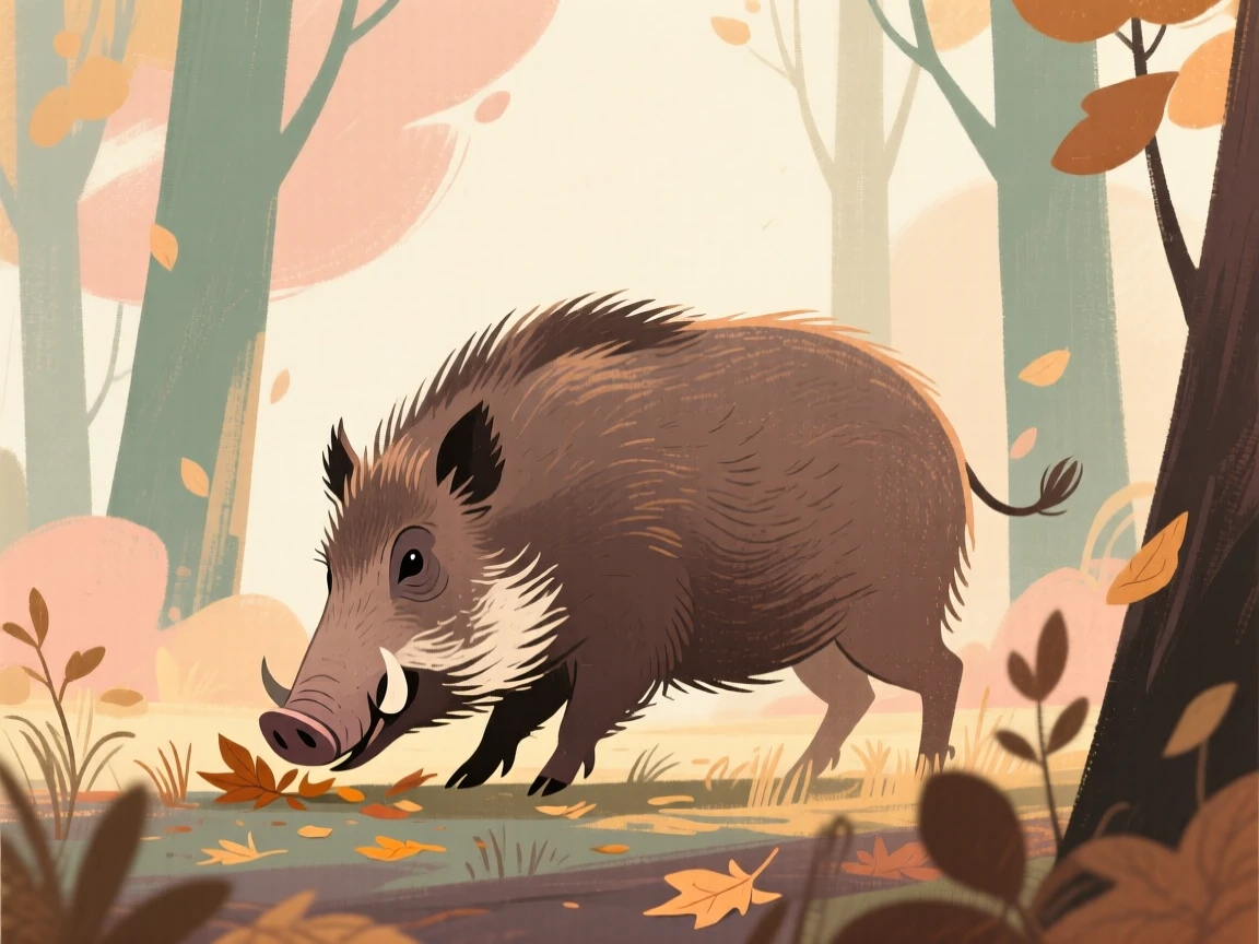 A wild boar foraging through a quiet autumn forest