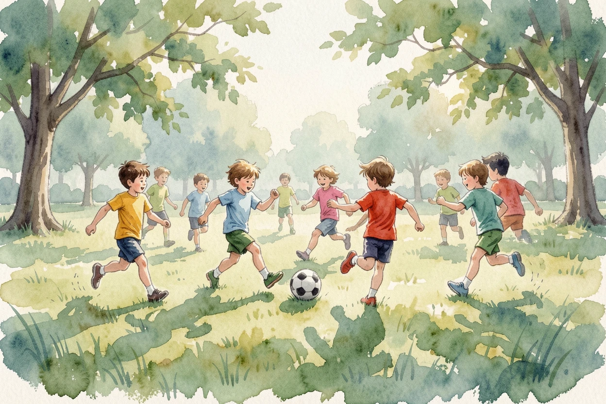 A group of kids playing soccer in a park.