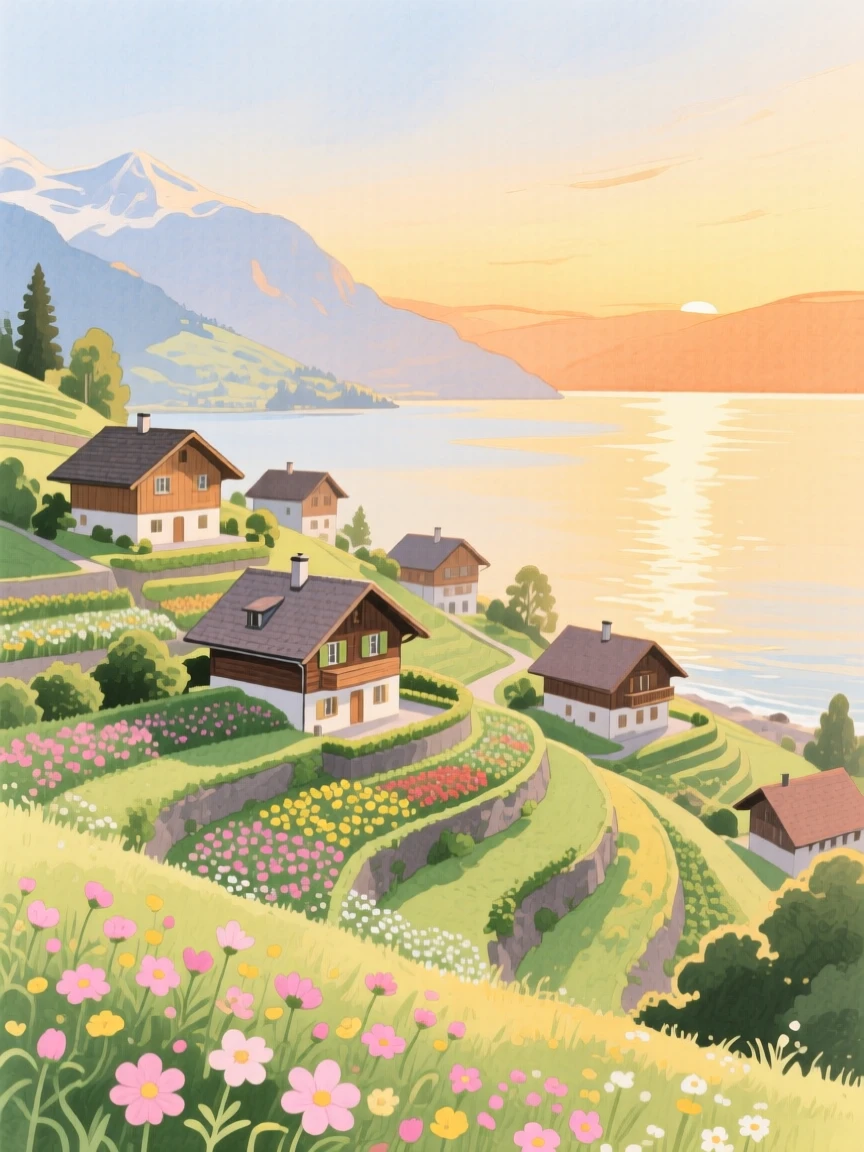 A picturesque view of a Swiss alpine village with terraced gardens overlooking the sea, at golden hour
