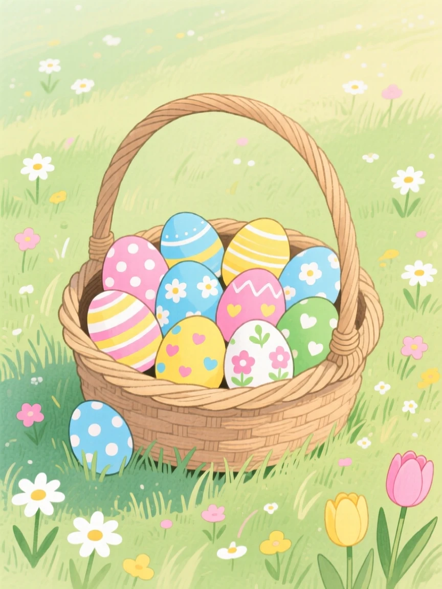 A heartwarming holiday moment: an Easter basket filled with painted eggs in spring grass.