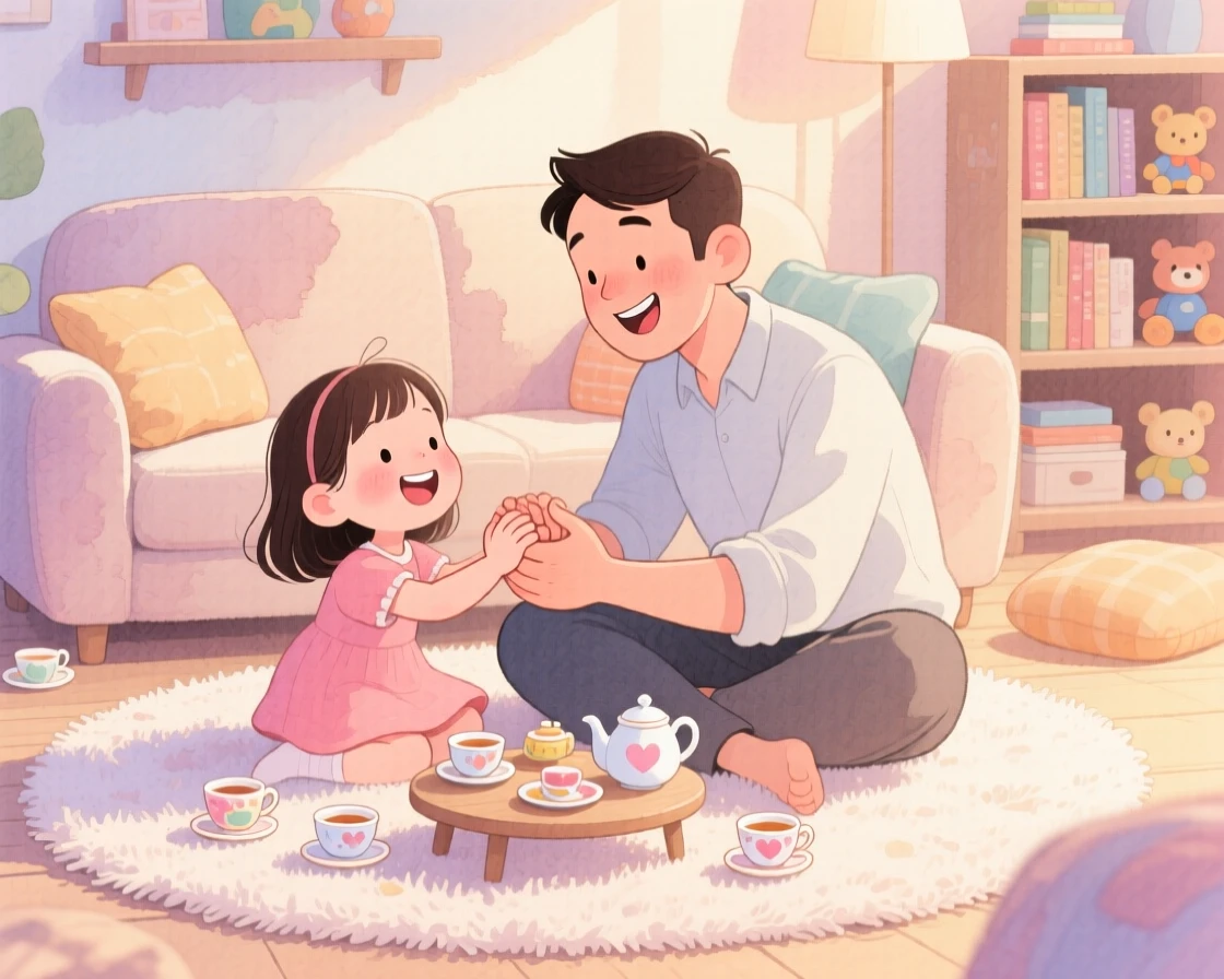 A father and daughter having a tea party with tiny cups on the living room floor, in a cozy carpeted living room, with hands clasped together tightly, playful bonding and imagination.