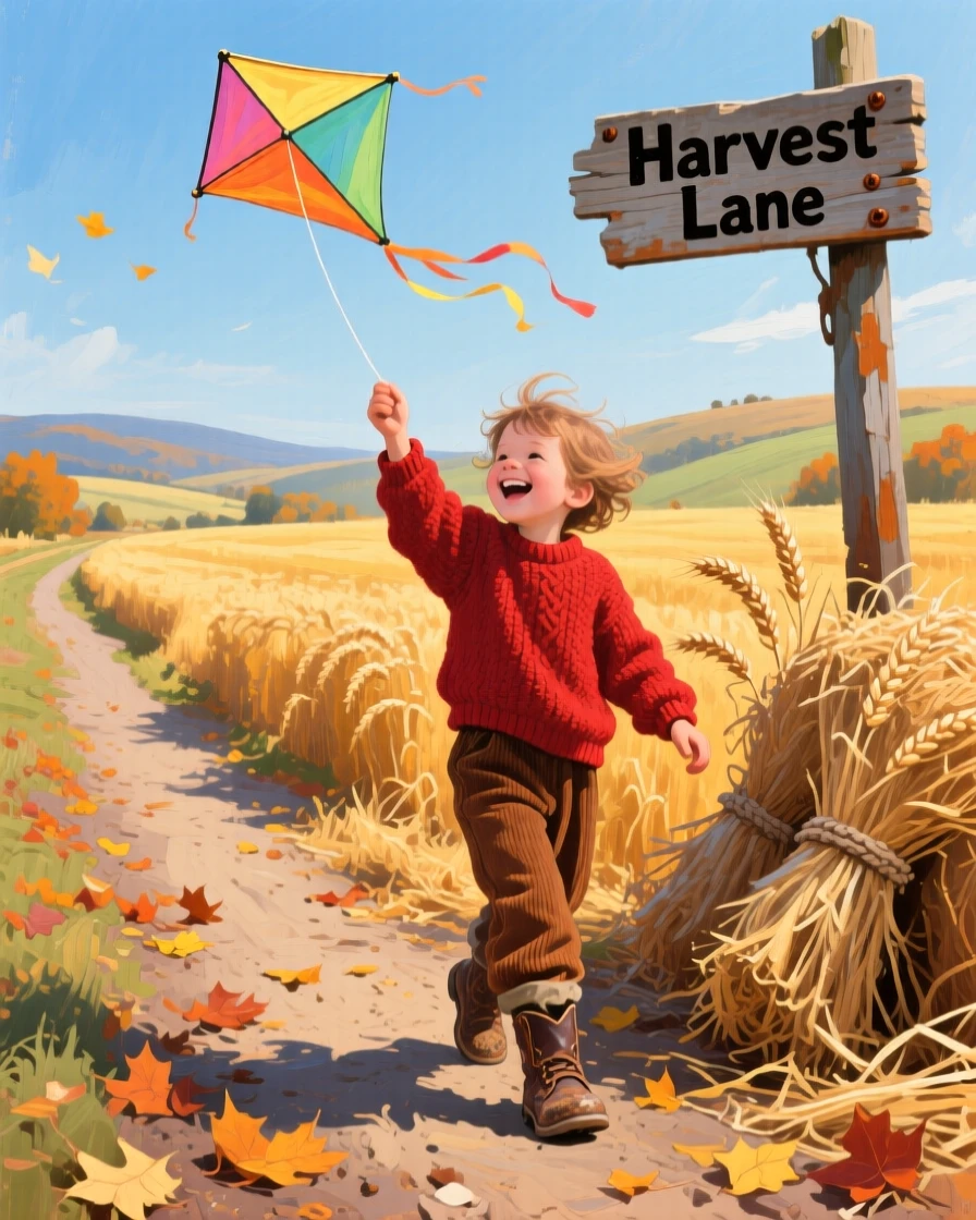 a child flying a kite beside a country lane, during harvest season, from an inviting eye-level viewpoint.