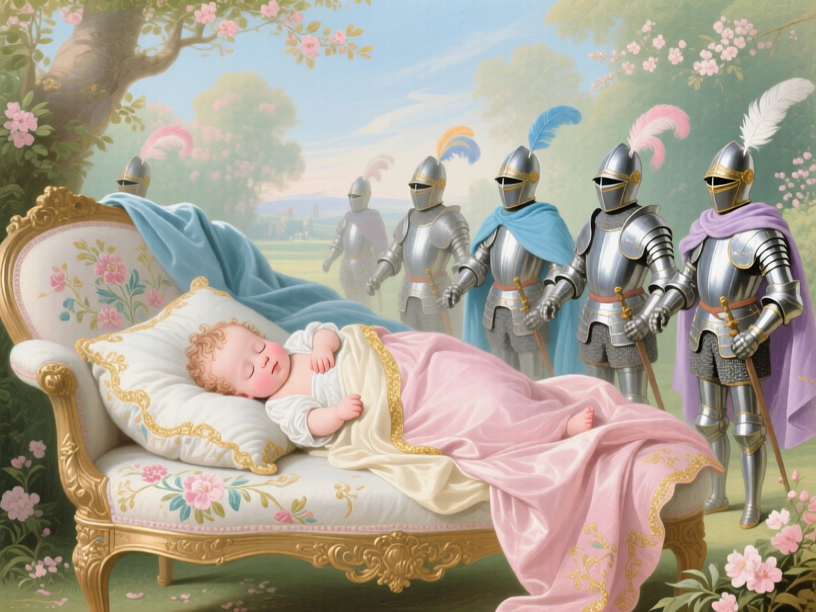 A sleeping baby guarded by miniature knights in shining armor  