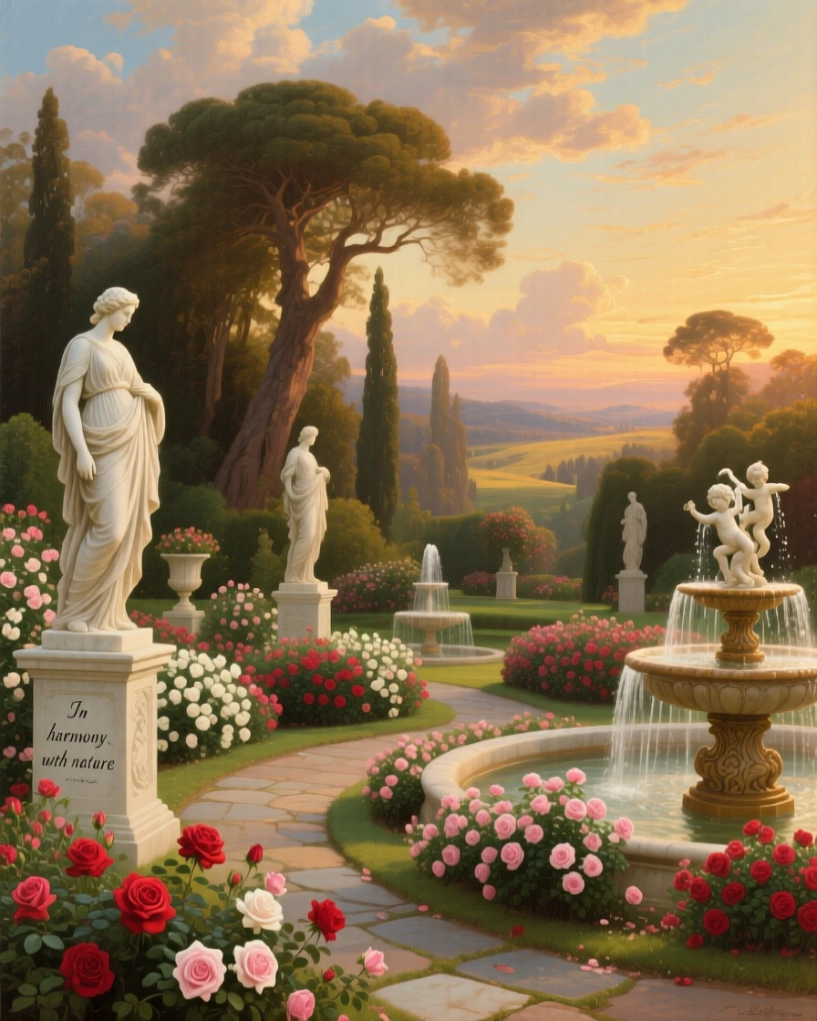 A grand garden blooms with roses beneath marble statues and fountains.
