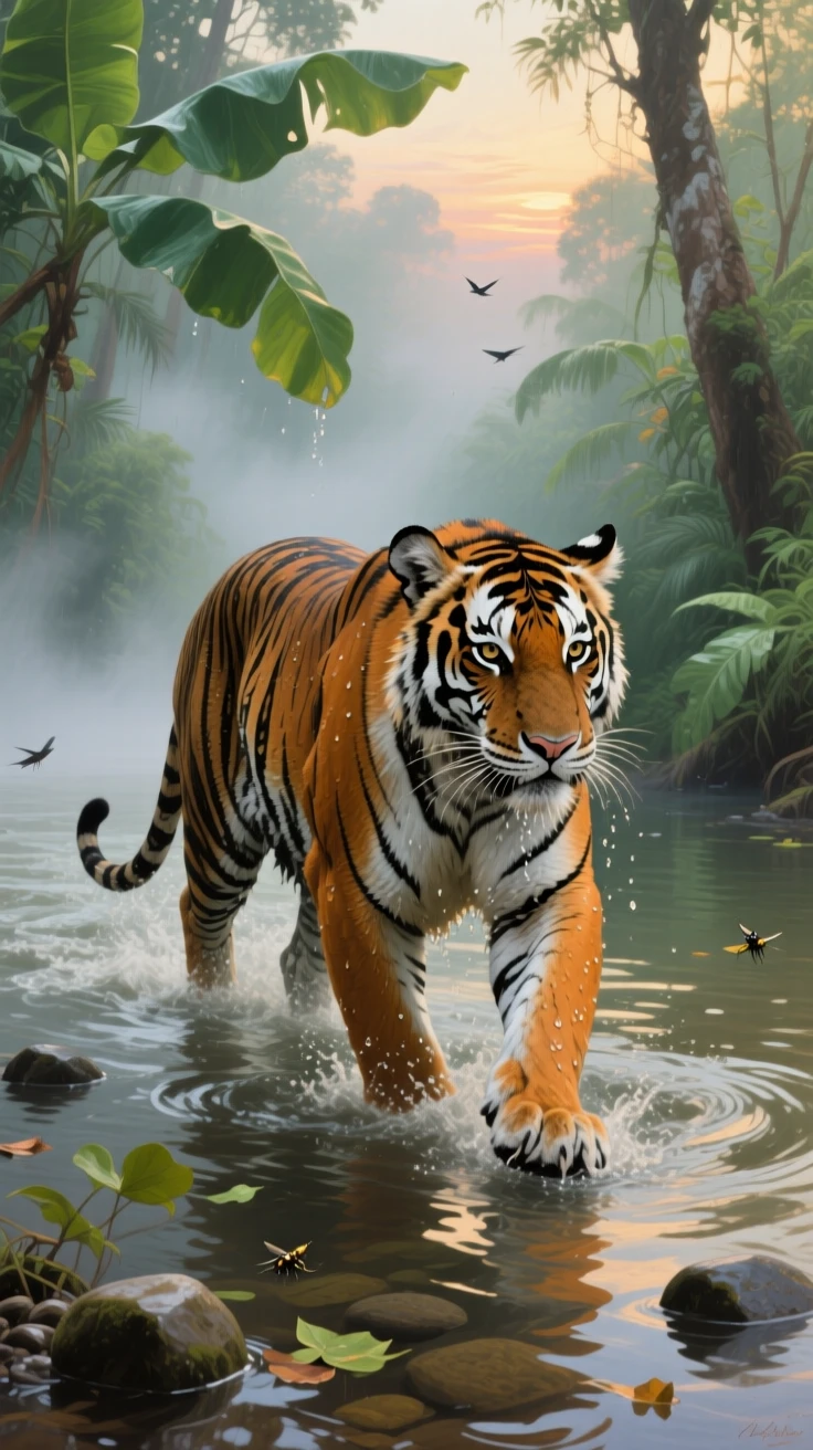 A tiger wading through a misty jungle river at dawn, caught in a split-second of remarkable natural behavior, showing the animal in its truest, most authentic element