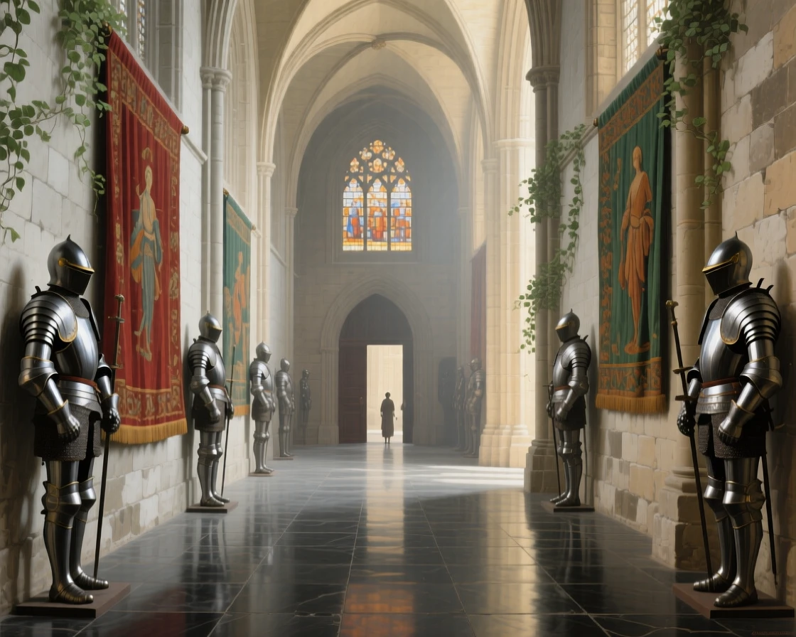 A grand entrance hall lined with suits of armor and tapestries resonating with the faint echo of distant footsteps, set inside a centuries-old cathedral of quiet reverence, with climbing ivy softening the edges of ancient stonework; strong vertical lines of columns lead the eye upward toward the light, radiating history, refinement, and permanence.