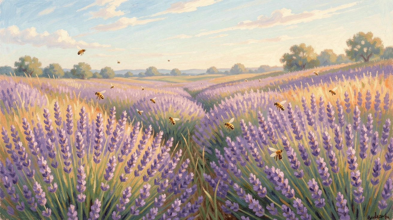 A meadow of wild lavender buzzing with bees beneath a warm golden afternoon sun.