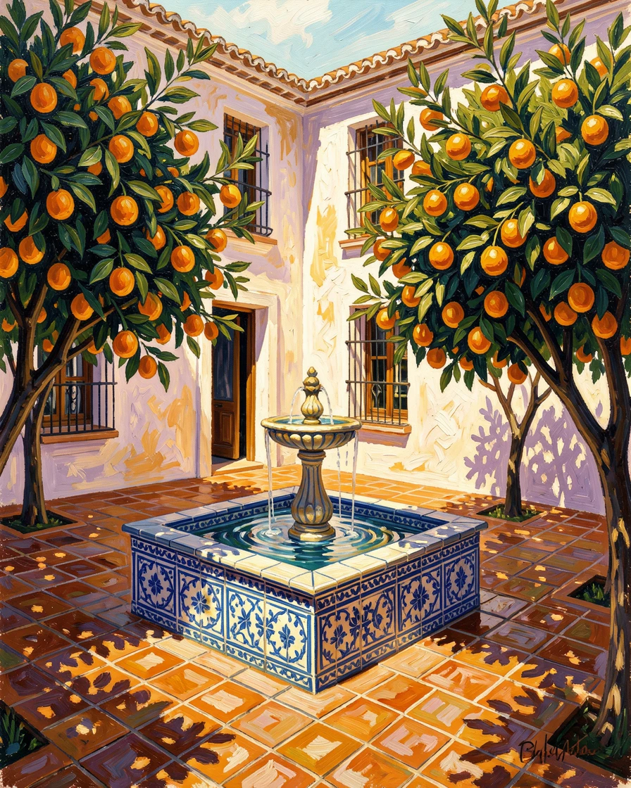 A sunlit courtyard in Andalusia with orange trees and a tiled fountain at its center.