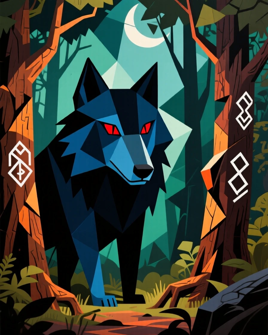 A magical scene of a shadow wolf deep within an ancient enchanted forest.