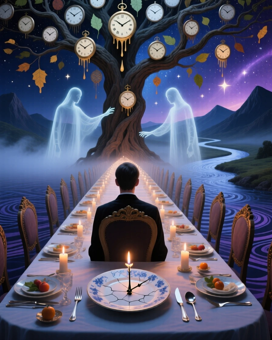 A figure sitting alone at a table set for a hundred guests sits beneath a tree whose leaves are made of clock faces, while a second, ghostly version of them lingers behind.