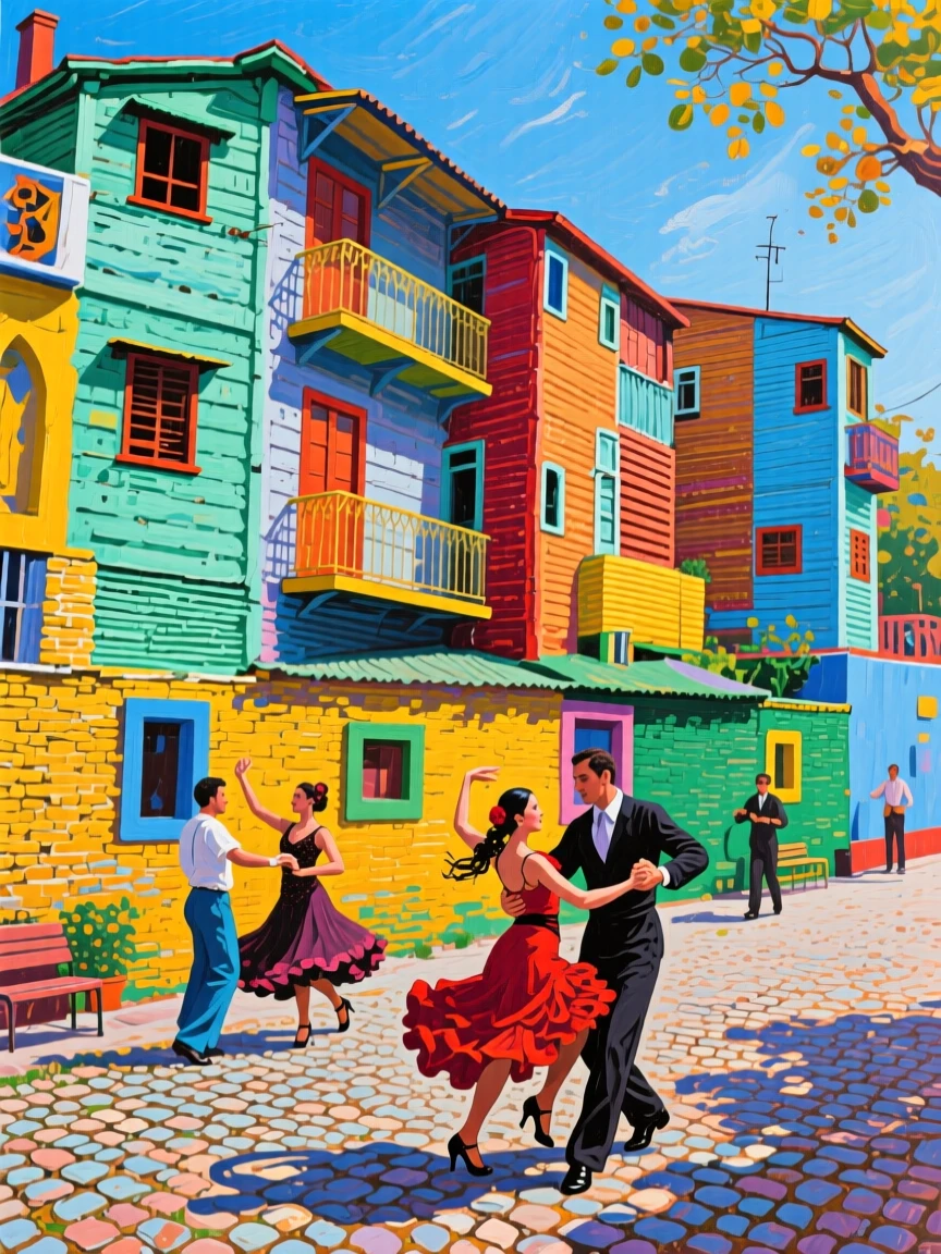 The colorful houses of La Boca in Buenos Aires lining a cobblestone street with tango dancers below