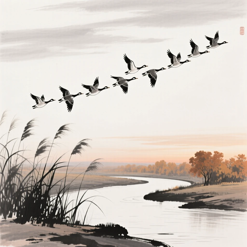A formation of wild geese flies in a V across an autumn sky, as reeds rustle along the riverbank below.
