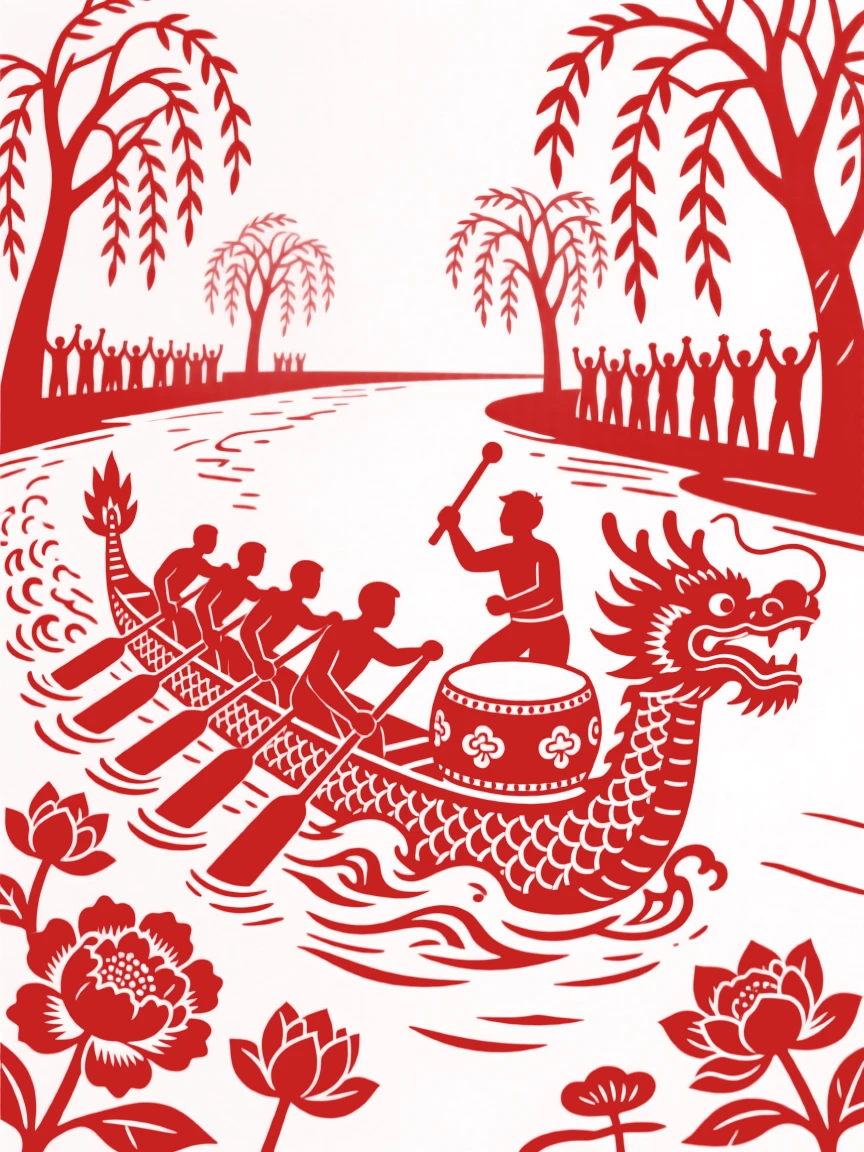 Dragon boat racers pulling their oars in unison across a river, a drummer at the bow keeping rhythm, banks lined with cheering spectators and willow trees