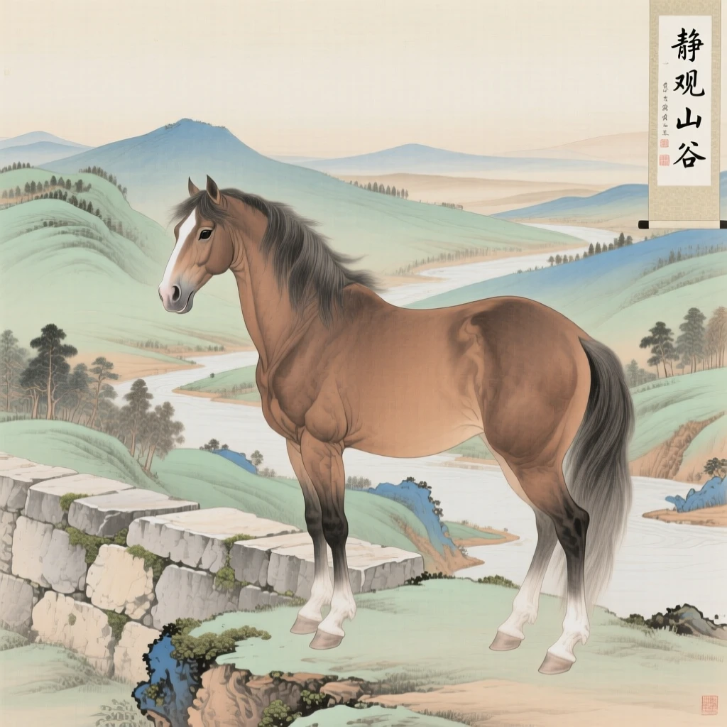 A horse perched on a low stone wall overlooking a valley
