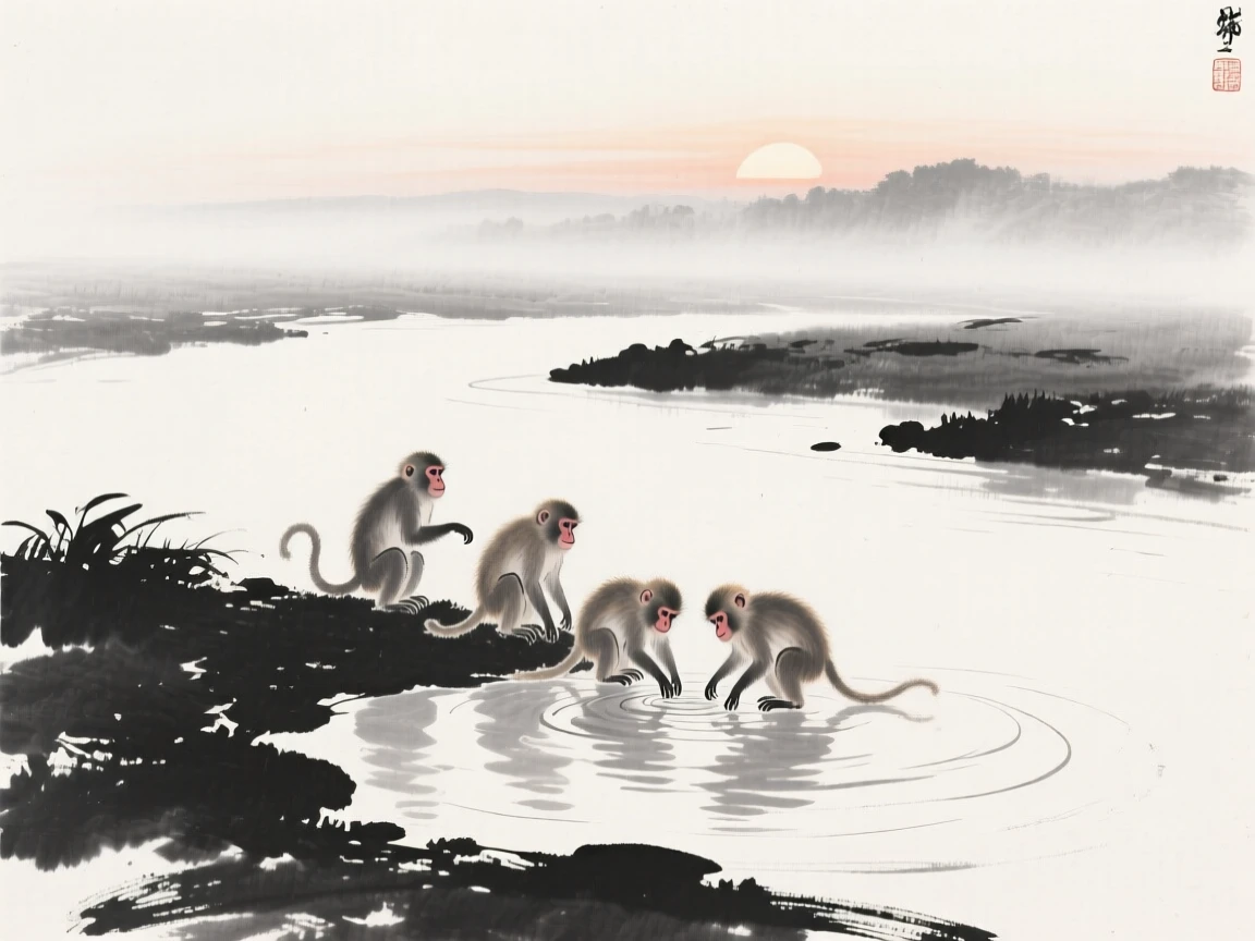 A monkey gathered near a watering hole at dawn along the bank of a quiet river, seen from a respectful distance within its natural surroundings, capturing a fleeting, tender moment of wild life.