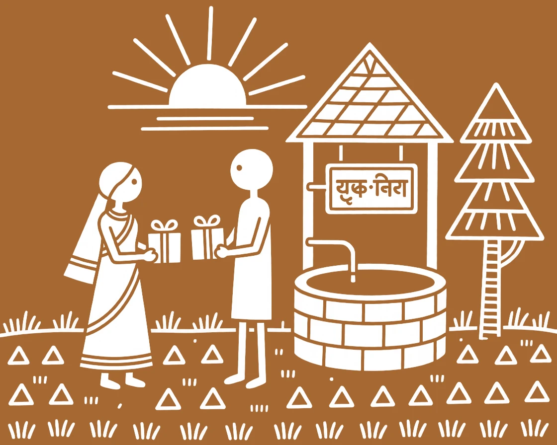 A newly married couple exchanging gifts on a quiet evening near a well at sunrise.