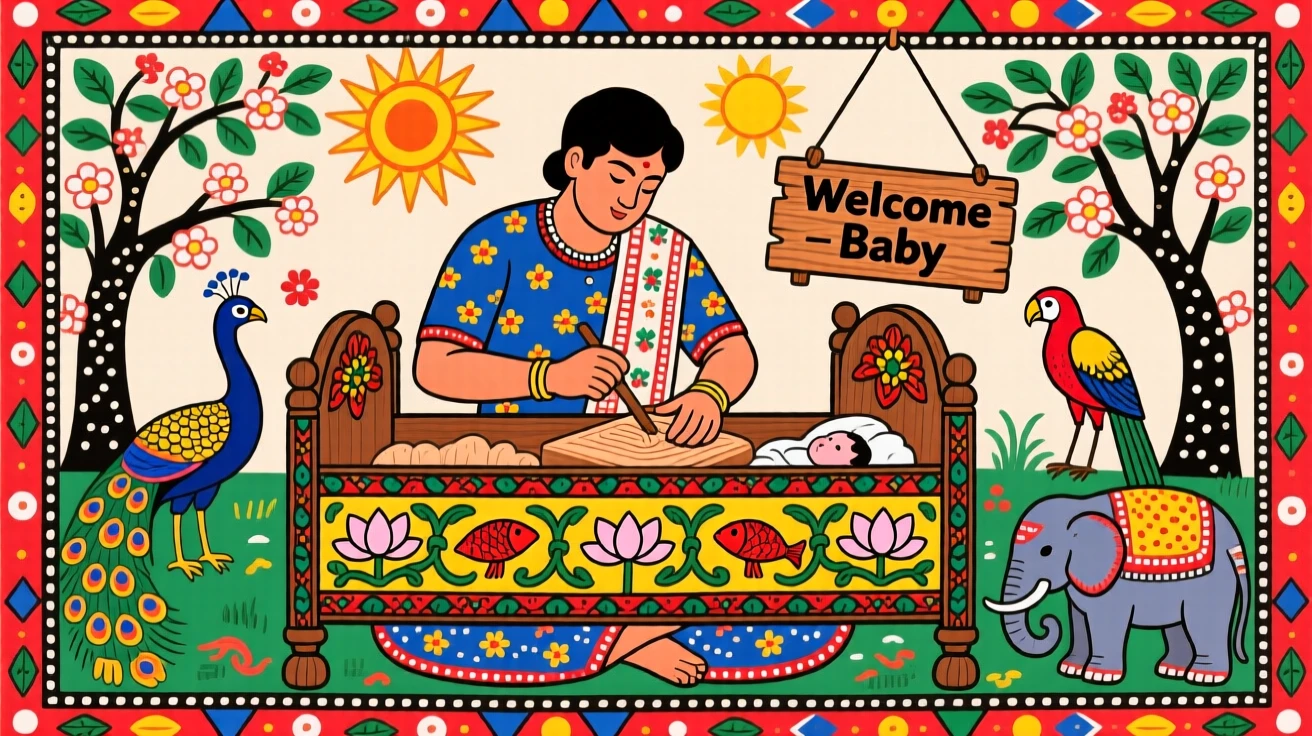 A carpenter carving a wooden cradle for a newborn child.