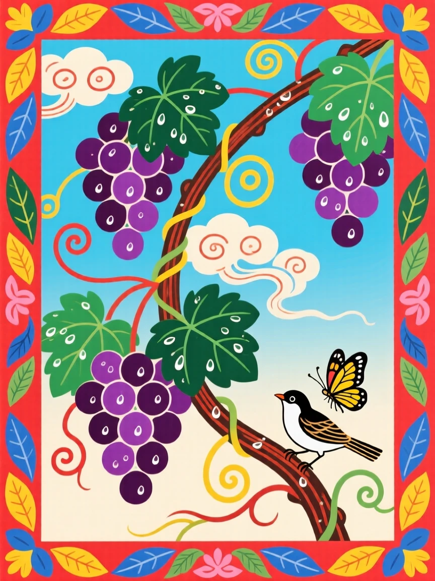 Grapes ripening on a garden vine in morning dew.