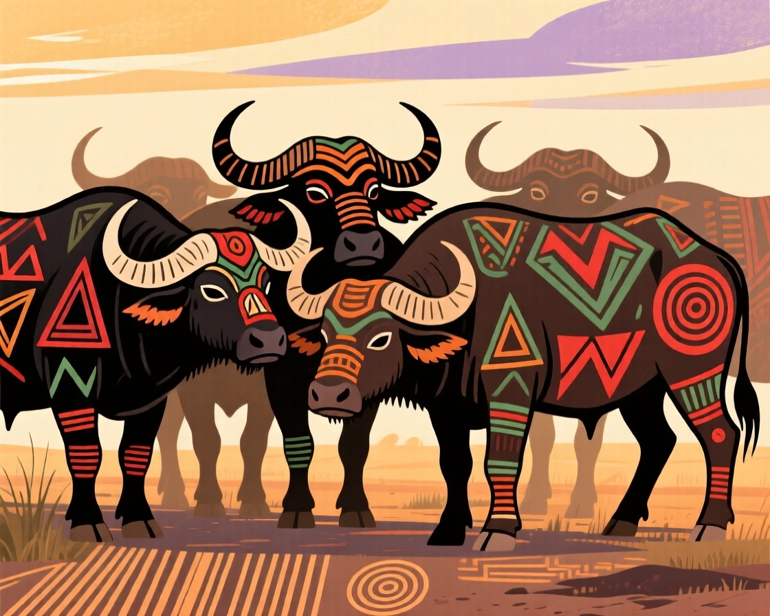 An African buffalo huddled together at dawn.