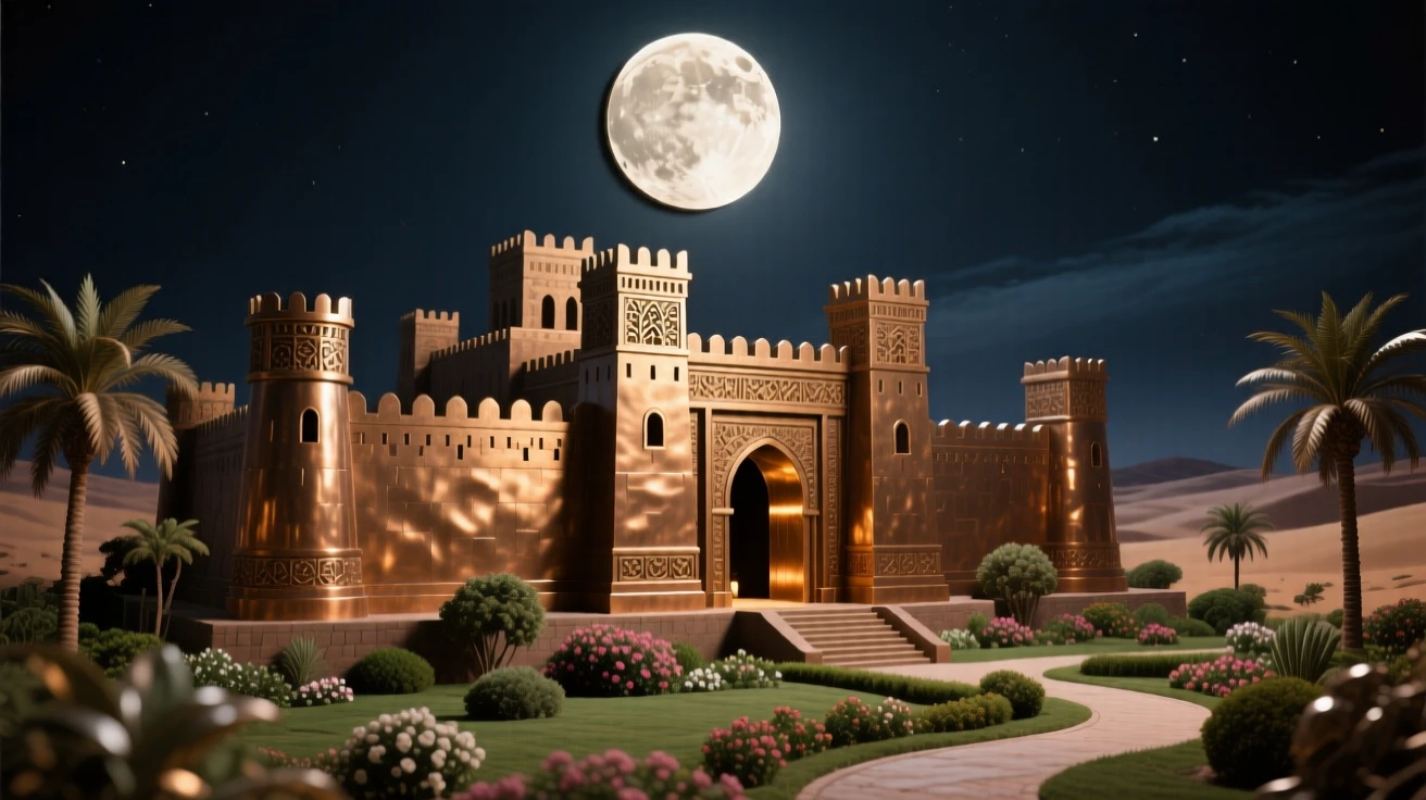 An ancient desert citadel glowing under a full moon, surrounded by lush, verdant gardens, exuding timeless grandeur