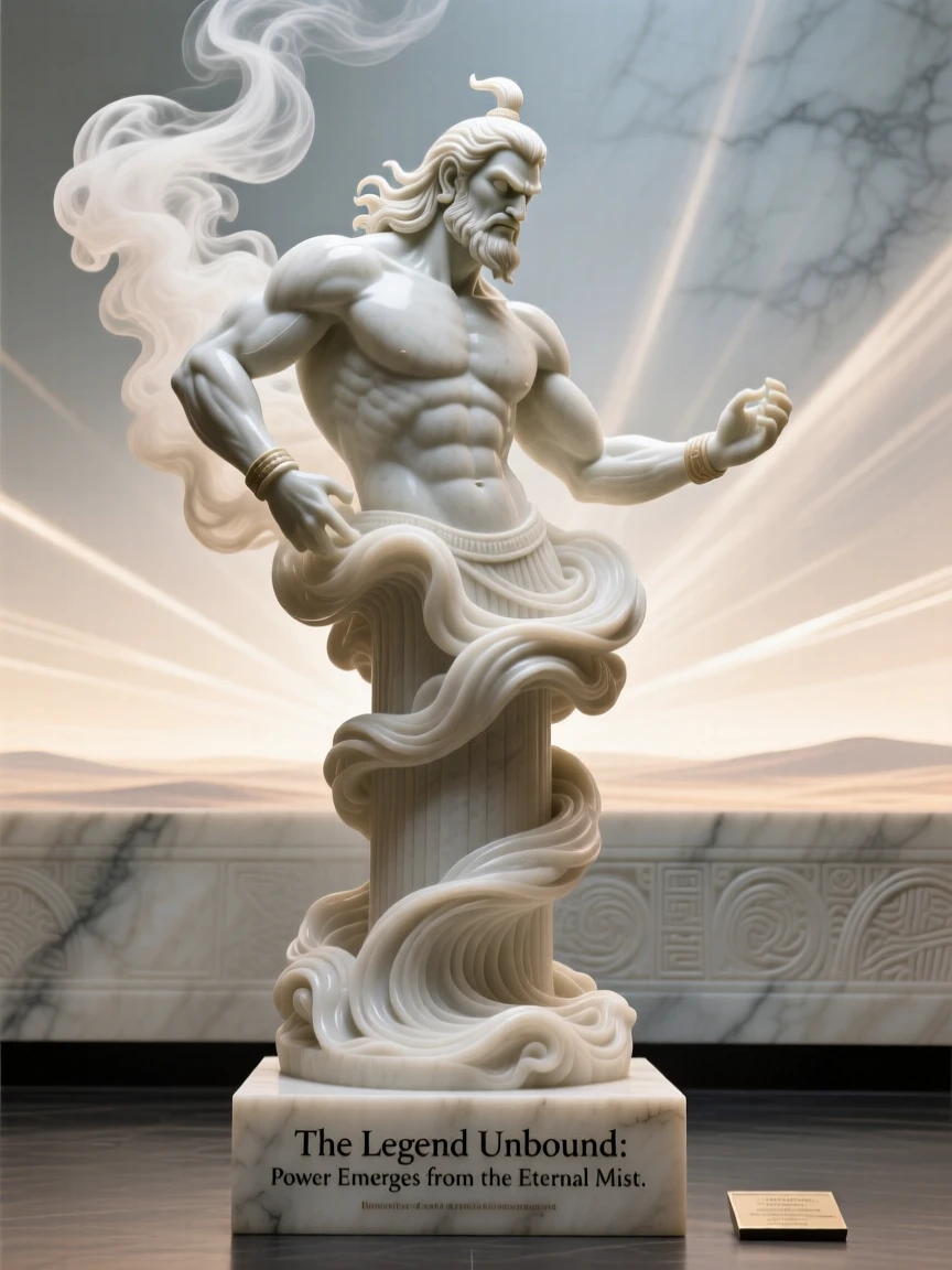 A genie emerging in a swirl of smoke, before a vast, glowing horizon, radiating power and legend