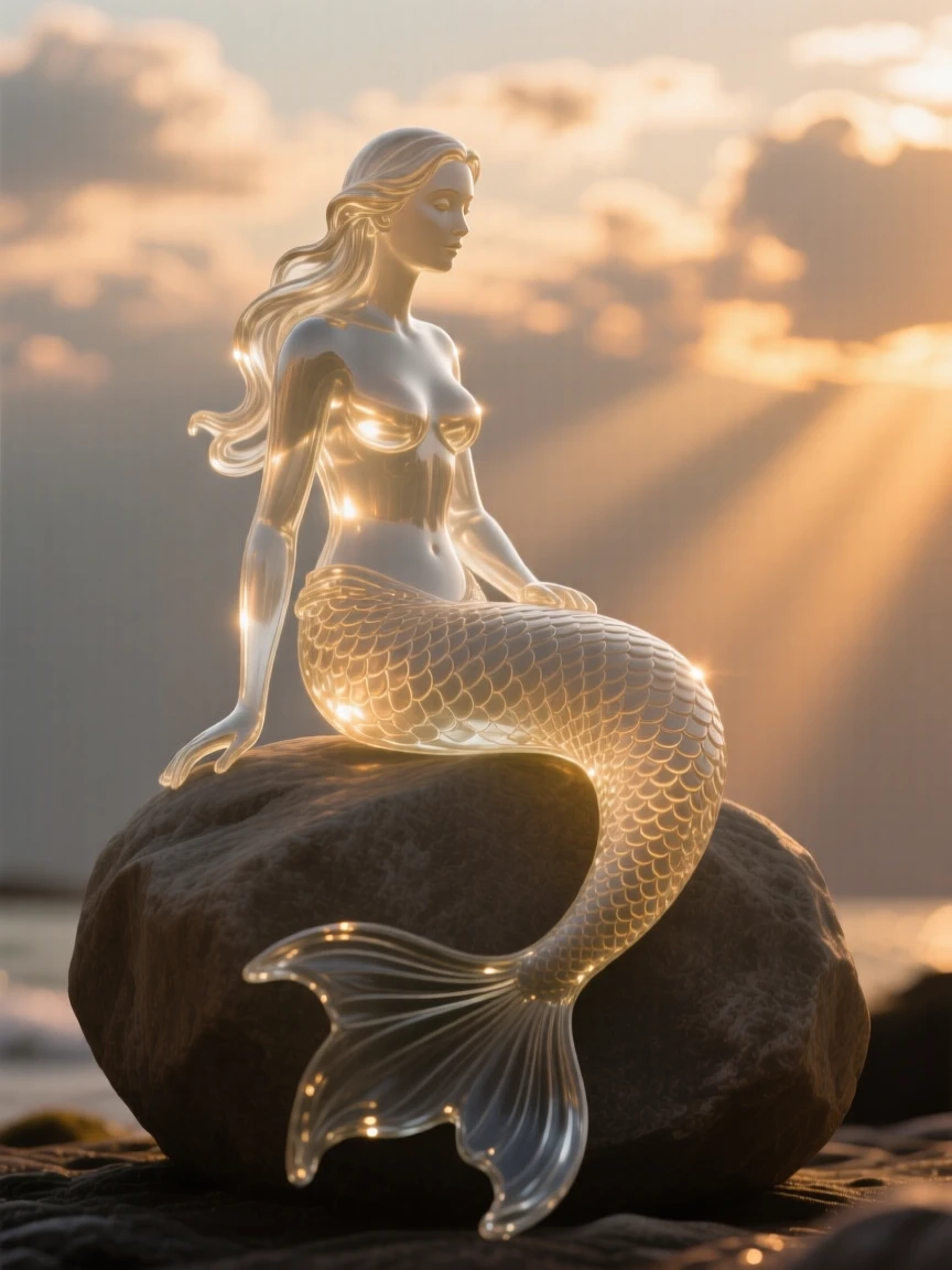 A mermaid sitting on a moonlit rock at golden hour with warm rays breaking through the clouds, epic scale composition, inspiring a sense of wonder and hope.