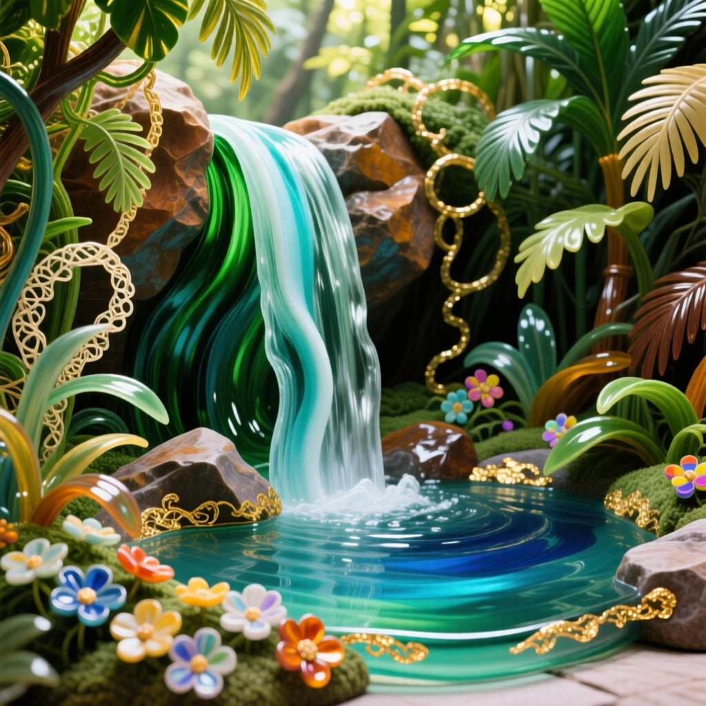 A tropical waterfall pouring into a hidden jungle pool, lush and inviting.