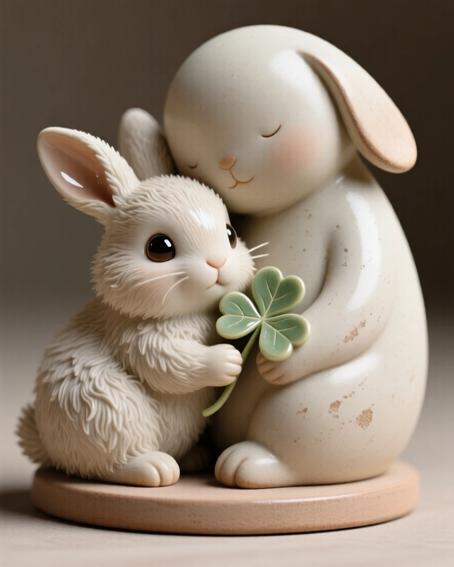 A fluffy baby bunny nibbling a clover leaf nestled cozily against a warm companion, with big round eyes full of innocent wonder, evoking pure, heartwarming sweetness.