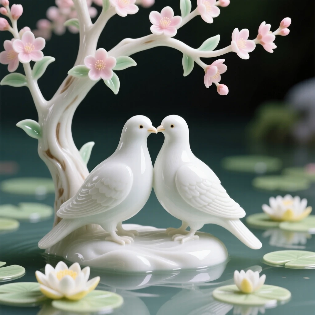 A pair of doves nuzzling gently beneath a blossoming tree beside a lily-covered pond.