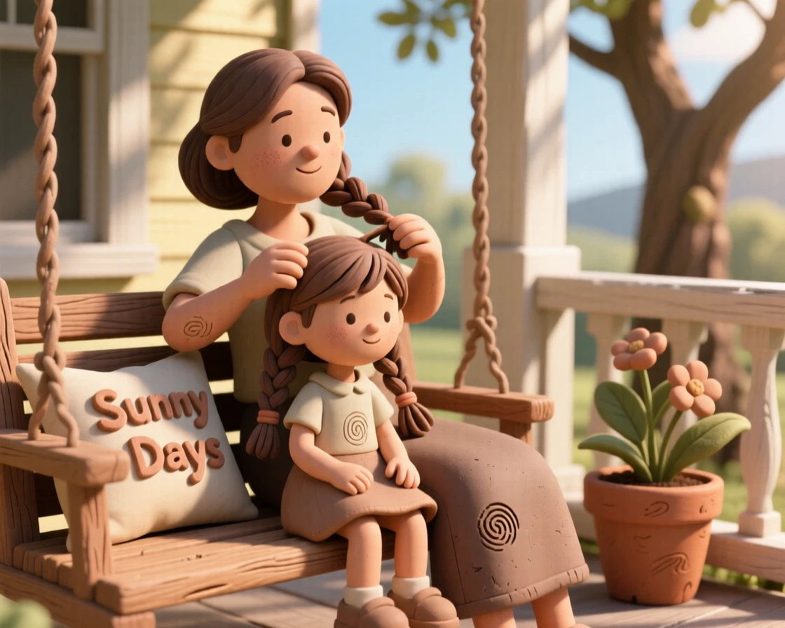 A mother braiding her daughter's hair on a sunny porch swing