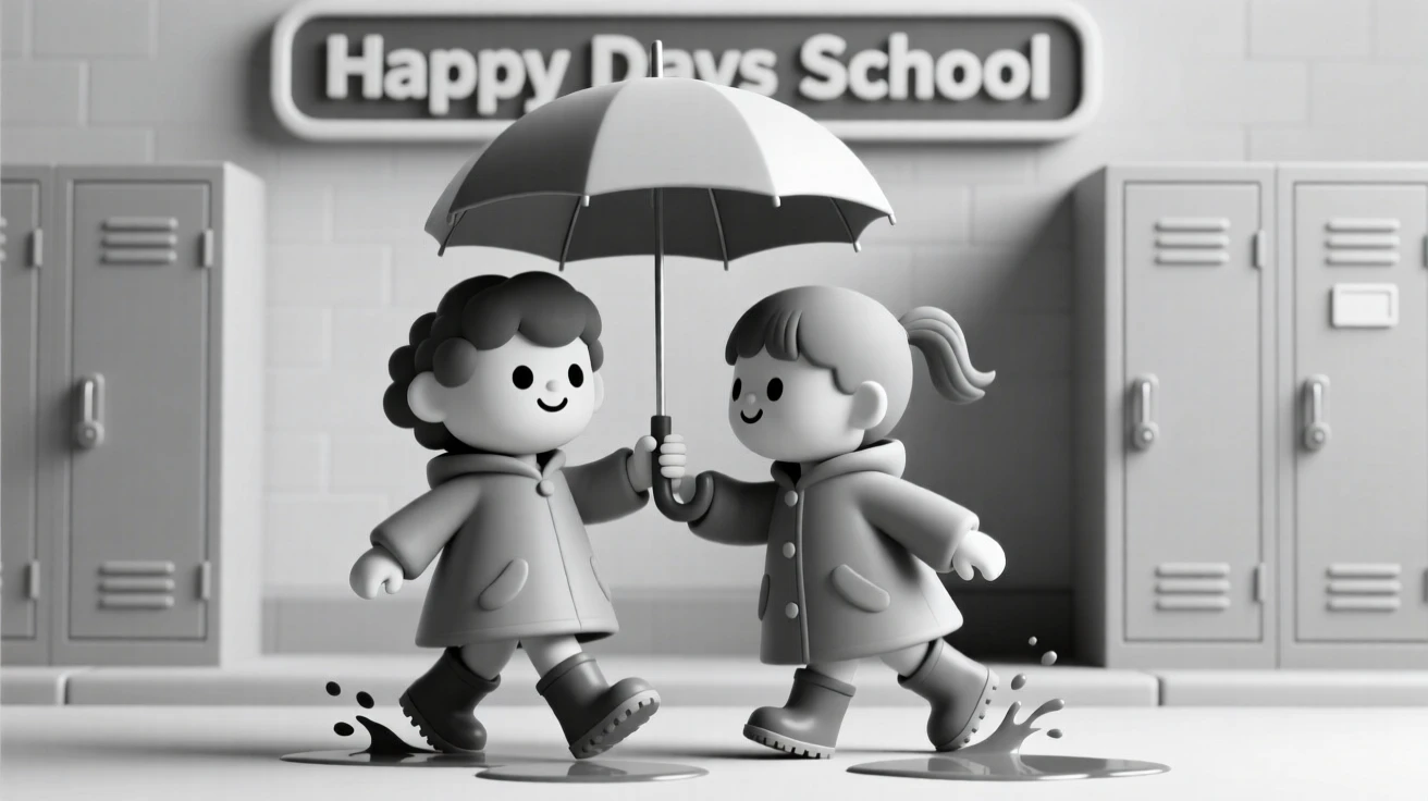 Two toddlers share a single umbrella, tiny boots splashing through rain puddles on their way to school.