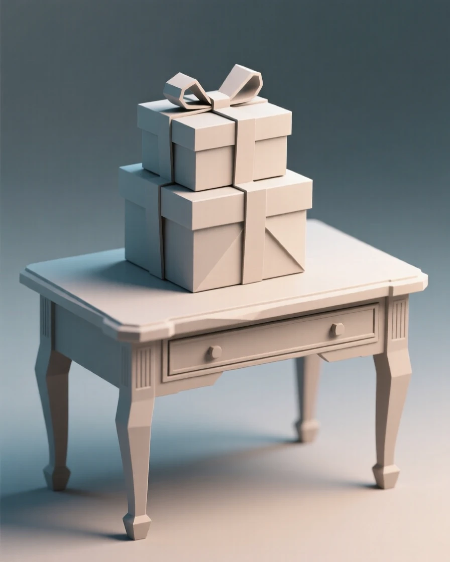 A stack of wrapped gifts tied with ribbon, on an antique writing desk. fine textures and material details are clearly visible. It evokes a feeling of gentle nostalgia.