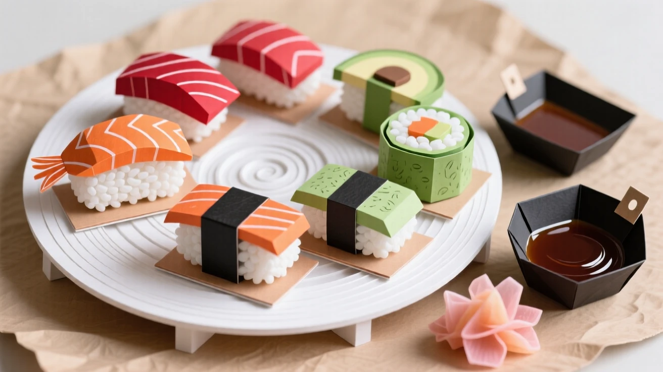 A vibrant sushi platter arranged in a spiral pattern with glistening salmon, tuna, and avocado rolls, a small dish of soy sauce and pickled ginger beside it, evoking artful precision.