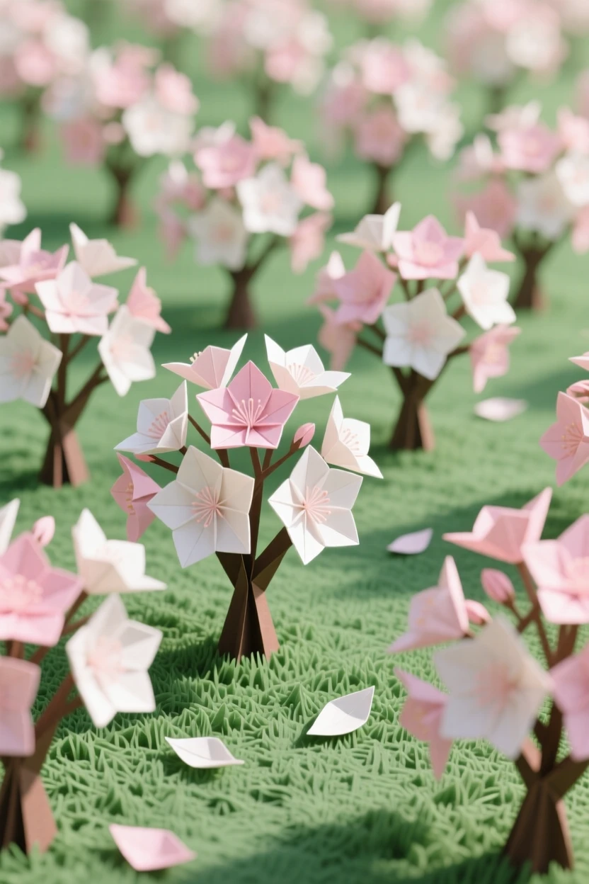 A peaceful orchard in full blossom, petals drifting gently onto the grass below.