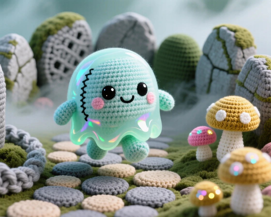 a round baby slime creature, translucent and gently glowing, bouncing happily across a cobblestone path, within an ancient stone circle wrapped in soft fog, near a cluster of luminous mushrooms, radiating a sense of gentle magic and quiet wonder.