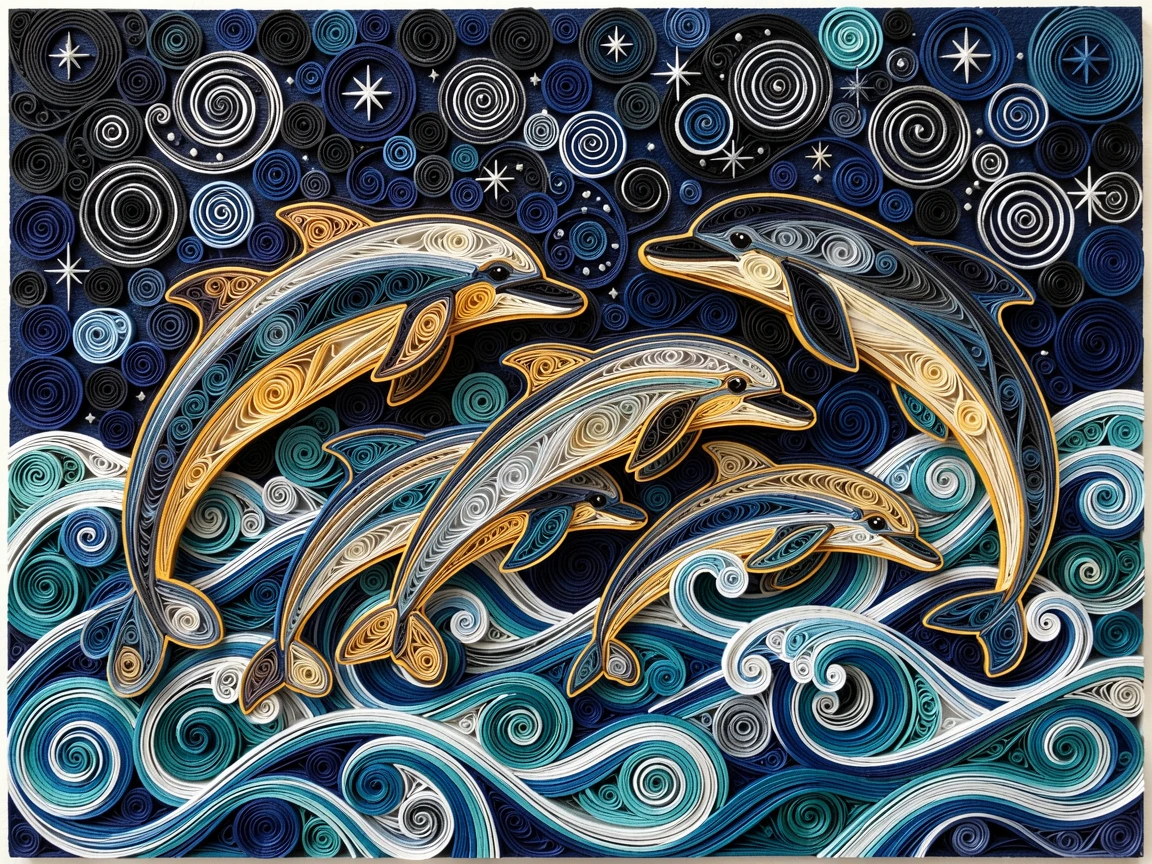 a group of dolphins leaping through ocean waves, beneath a vast star-filled night sky, captured mid-action with dynamic movement, with warm golden light rimming the fur or feathers.
