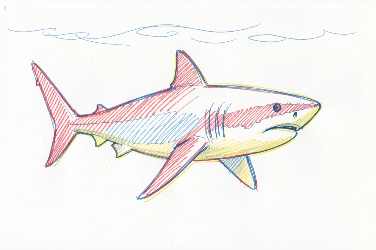 A great white shark gliding silently beneath the ocean's surface