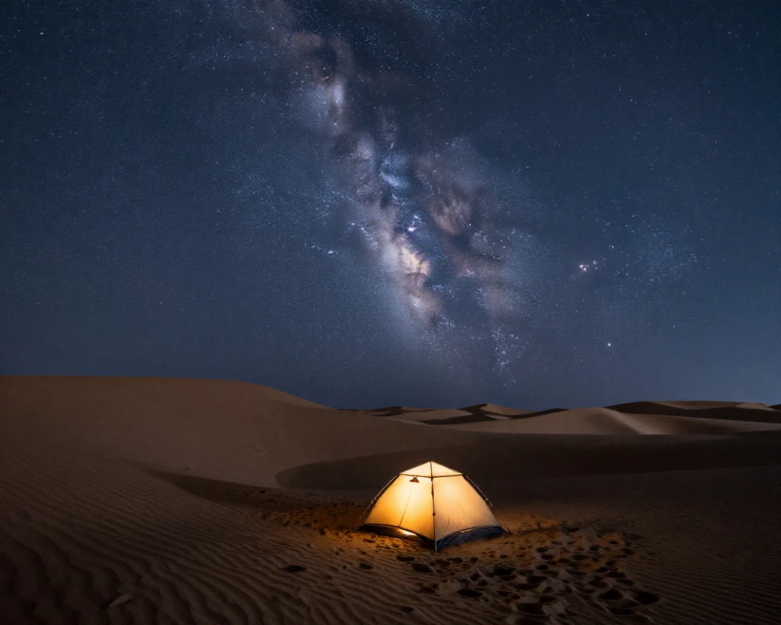 A star-filled sky over a desert with a single tent glowing