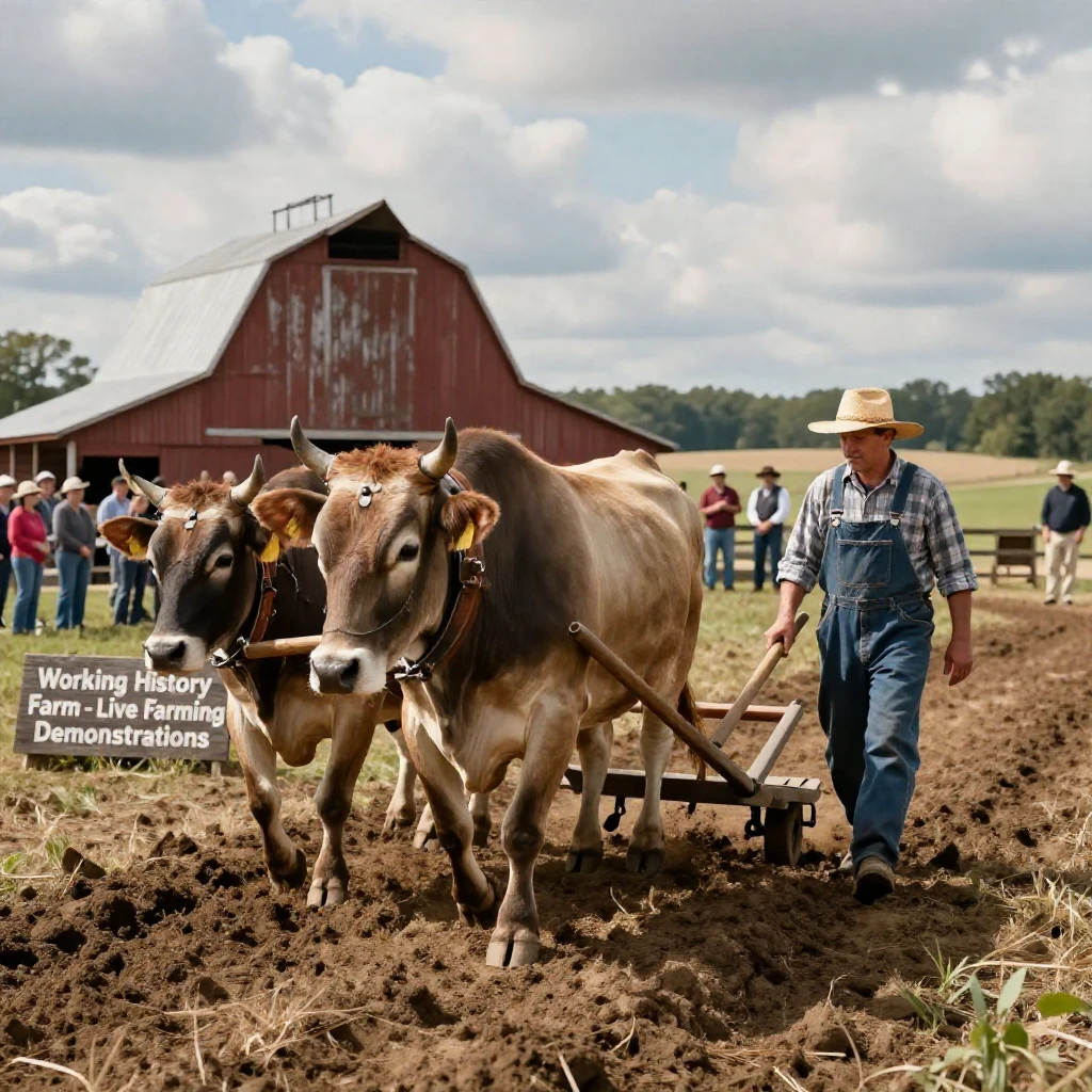 A team of oxen pulls a plow across a field at a working history farm.