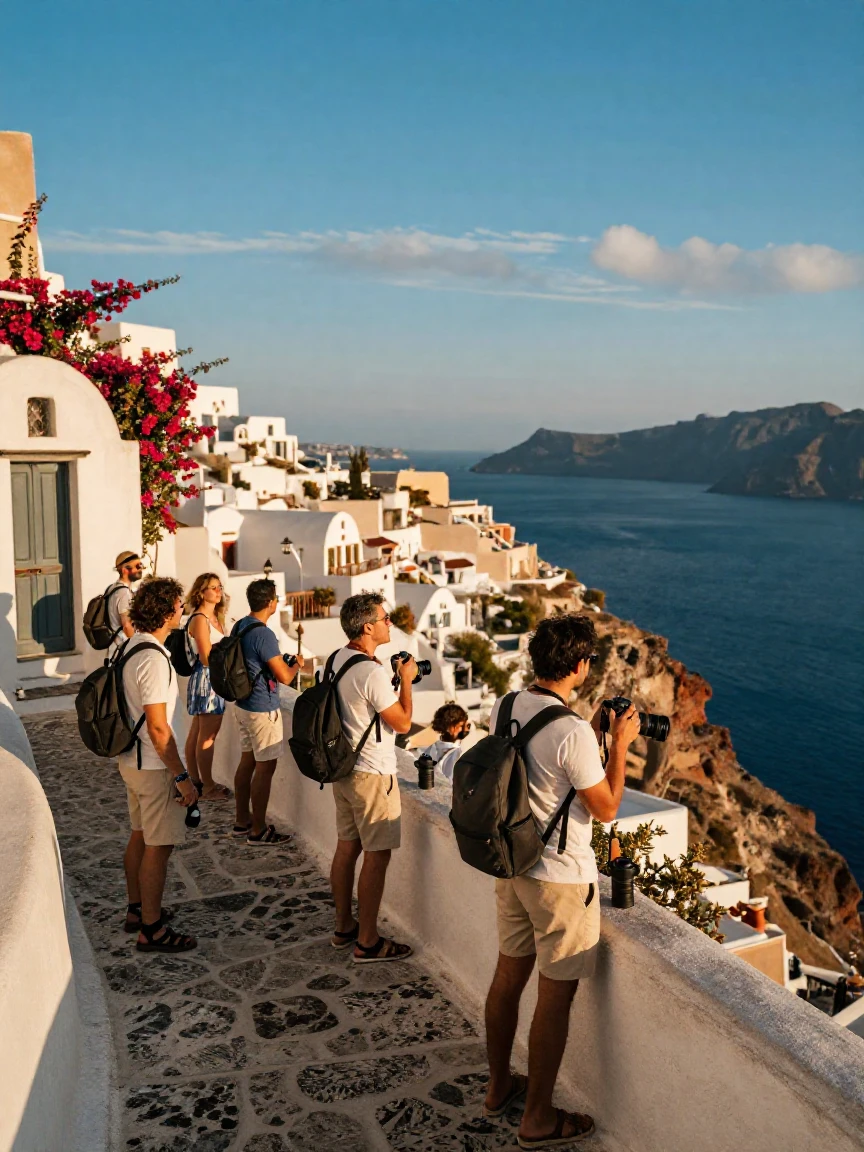 Travelers exploring a cliffside village of whitewashed buildings along the coast of a Mediterranean island