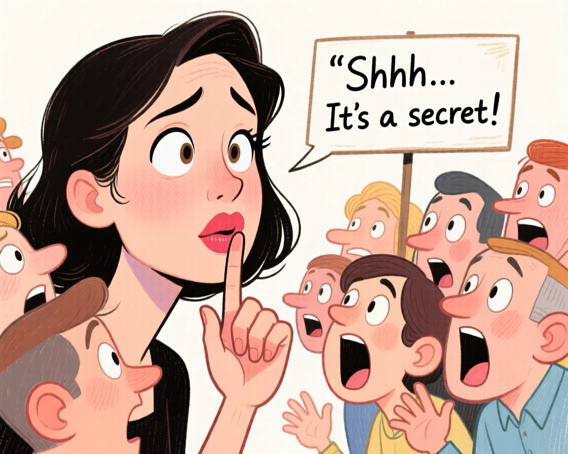 A woman trying to whisper a secret but everyone around her leans in to listen.