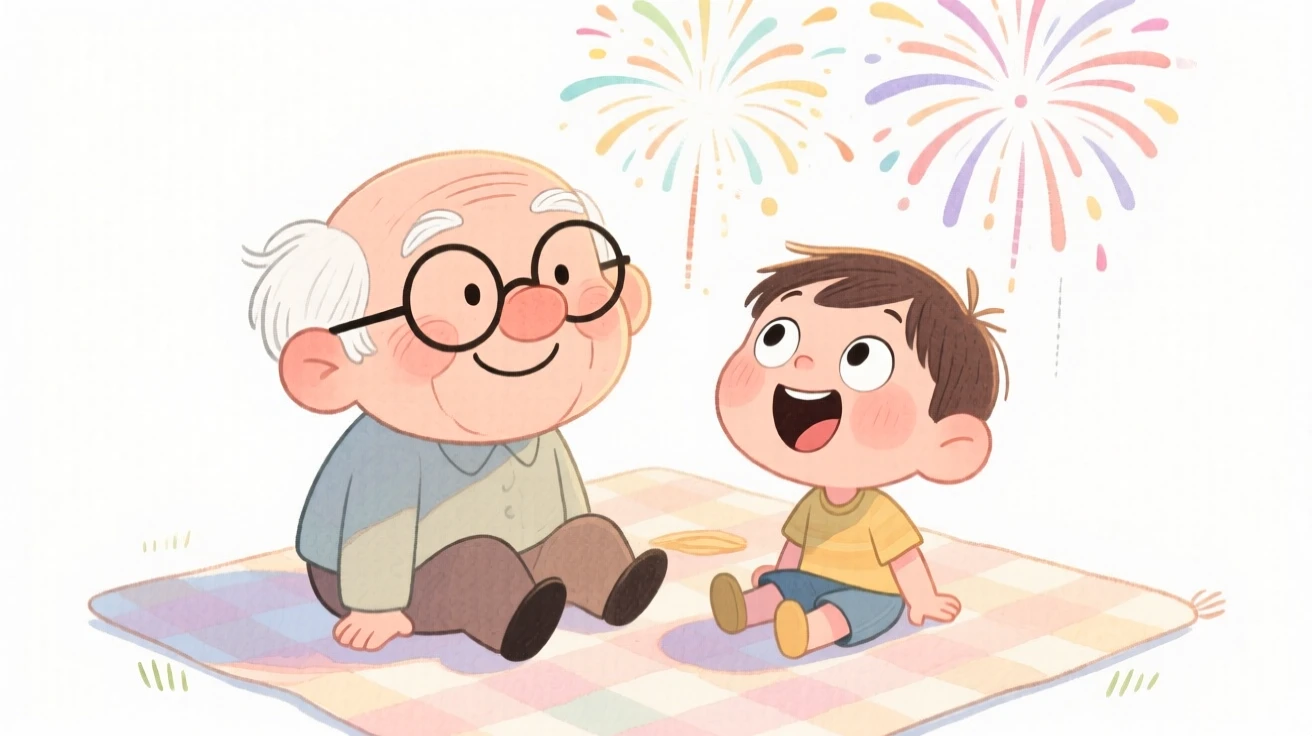 A grandfather and grandchild watching fireworks together on a picnic blanket