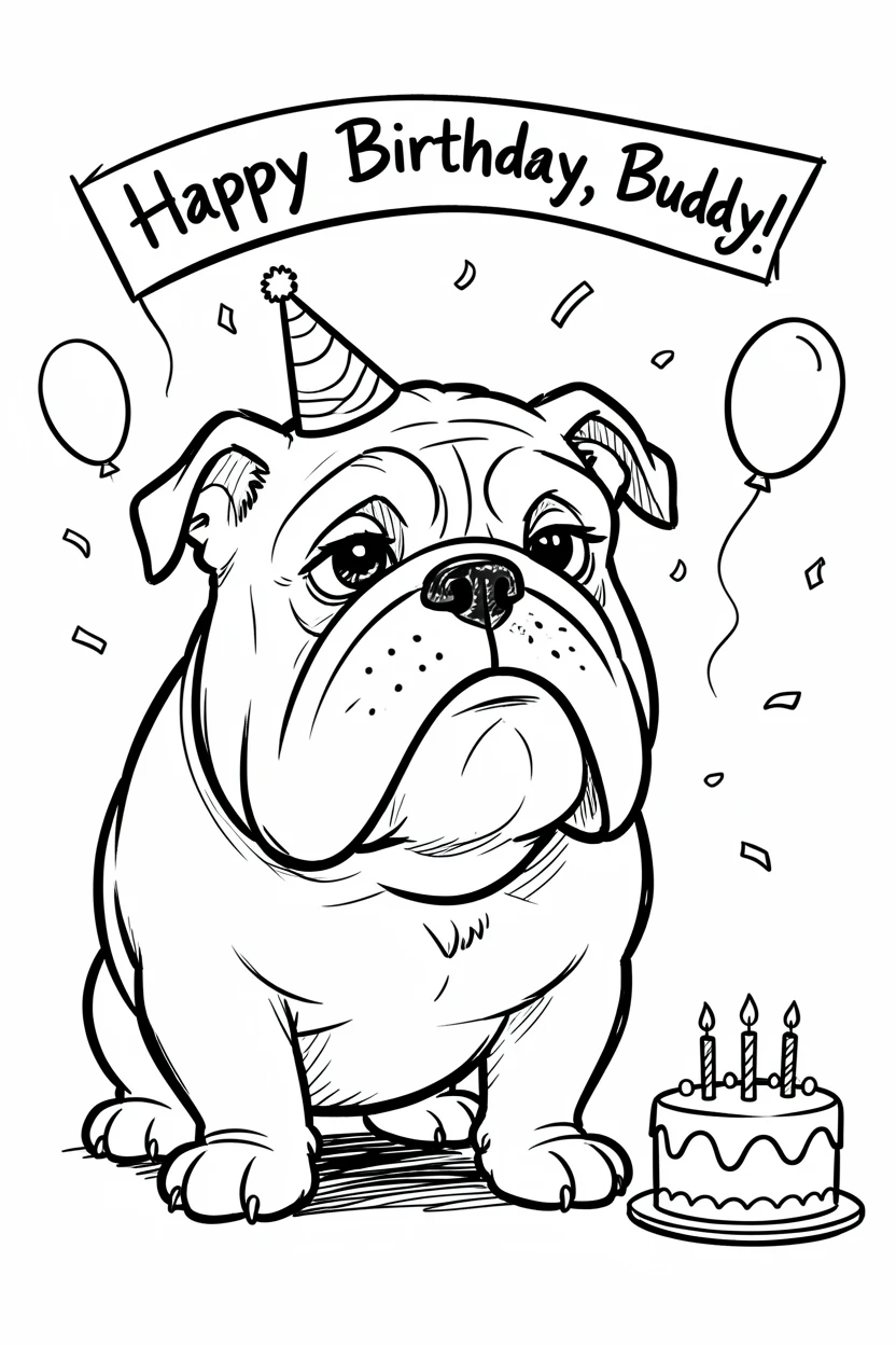[Cute Animals & Pets] Adorable scene of a chunky bulldog wearing a tiny party hat at a birthday party, bursting with charm and playful energy
