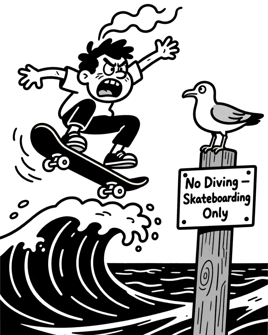 A skateboarder frozen mid-air after a botched trick, steam practically rising from sheer concentration, set on a cresting ocean wave. A seagull watches the chaos from a nearby post. The image is a playful ode to hobbies people truly love.