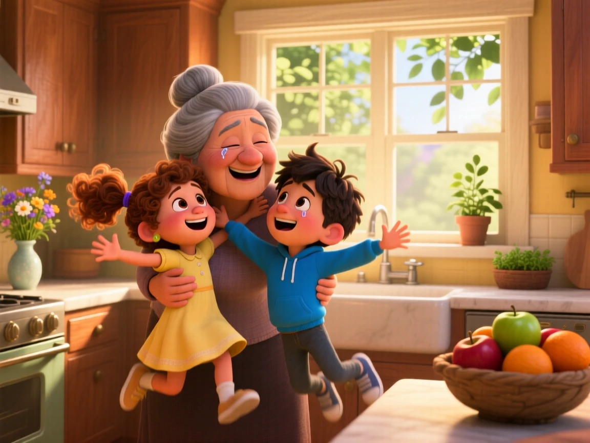 A grandmother reuniting with her grandchildren unfolds inside a warmly lit family kitchen, with a gentle breeze rustling nearby leaves. Pure joy and warmth radiate from the scene.
