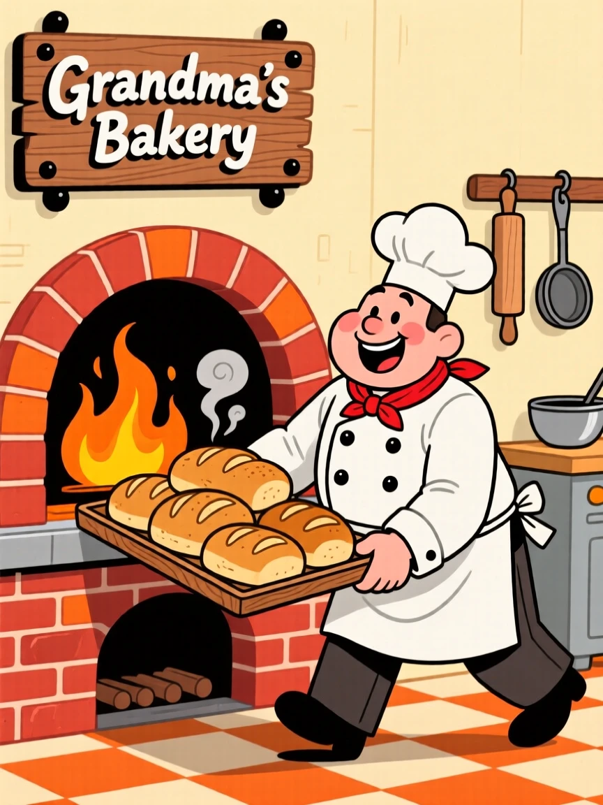 A baker pulling a tray of fresh bread from the oven.