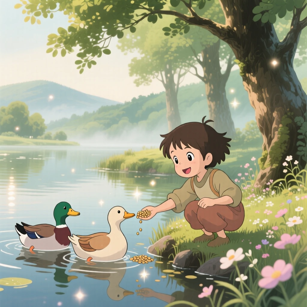 A child feeding ducks at the edge of a pond, the moment bright with youthful wonder.
