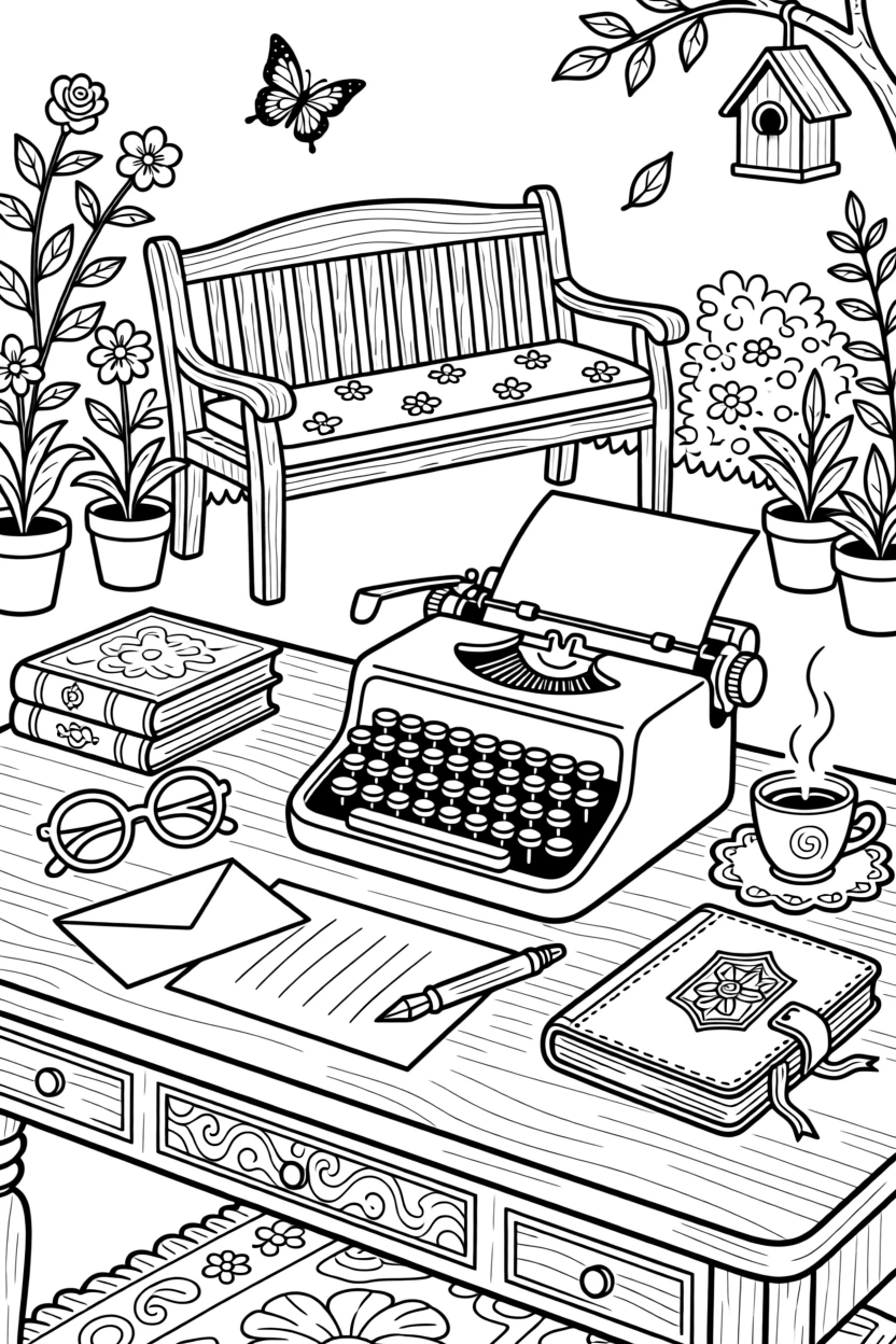 A vintage typewriter beside a half-written letter, with a garden bench softly visible in the background.